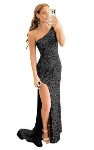Rjer One Shoulder Prom Dresses 2024 Sequin Evening Gowns Long Formal Party Dresses Slit