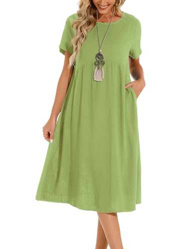 Womens Summer Dresses Casual Short Sleeve Round Neck Midi A Line Cotton Linen Sundress with Pockets