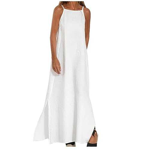 AMhomely Boho Maxi Dresses for Women UK Cotton and Linen Dresses Summer Sexy Spaghetti Strap Long Dresses Solid Beach Shift Dress Elegant Party Sundress Plus Size Casual Dress Going Out