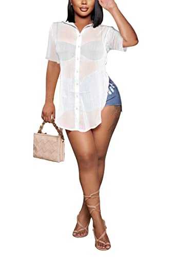 Women Sexy V Neck Sheer Mesh Short Sleeve Button UP Shirt Blouse Slit Hem See Trough Sexy Tops, White, XL