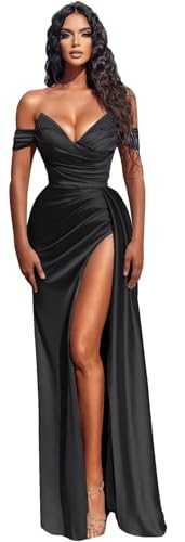 Dymaisei Off Shoulder Beaded Prom Dresses Satin Bridesmaid Dresses for Women Mermaid Formal Party Dress with Slit
