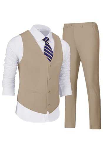 Wehilion Men's Suits 2 Pieces, Vest Pants Set for Men, V-Neck Slim Fit Casual Suit Waistcoat