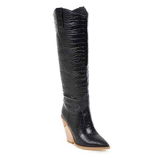 Women Equestrian Boots Pointed Toe Cowboy Knee High Square Heel Riding Short Plush Autumn Winter Knee high Biker Boots