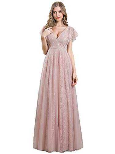 Ever-Pretty Women's V Neck with Ruffle Sleeve Elegant A Line Floor Length Lace Tulle Bridesmaid Dresses Pink 10UK