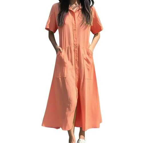 Shirt Dresses for Women UK Oversized with Pocket Casual Solid Color Lapel V Neck Maxi Dress Elegant Loose Fit Short Sleeve Sundress Fashion Flowy Swing Hem Beach Wear Dress Plus Size