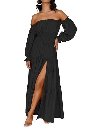 ZESICA Women's 2023 Boho Sexy Off Shoulder Long Sleeve Smocked High Waist Side Split Flowy A Line Tiered Long Maxi Dress