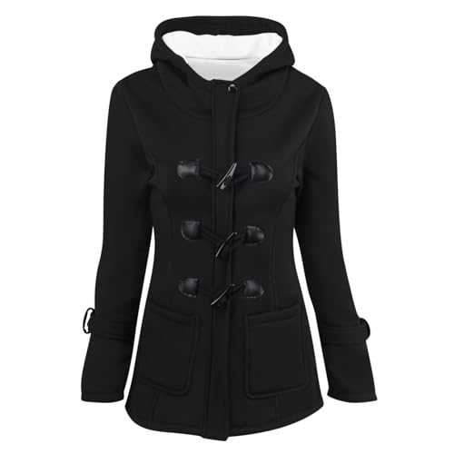 Womens Horn Button Winter Coat UK Clearance Fuzzy Fleece Warm Thicken Hooded Jacket Casual Padded Pea Coats with Pockets Sherpa Lined Parkas Jackets Windproof Outerwear Padded Hooded Jackets Ladies