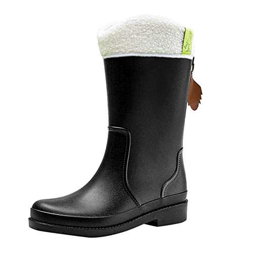 Wellies Women Warm Furry Lined Waterproof Wellington Boots Slip On Short Ankle High Ladies Dog Walking Garden Boots Good for Wider Calf Fitting