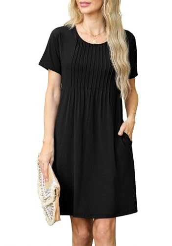 GRECERELLE Womens Summer Mini Dress Casual Short Sleeve Crew Neck Pleated Dresses with Pocket for Ladies