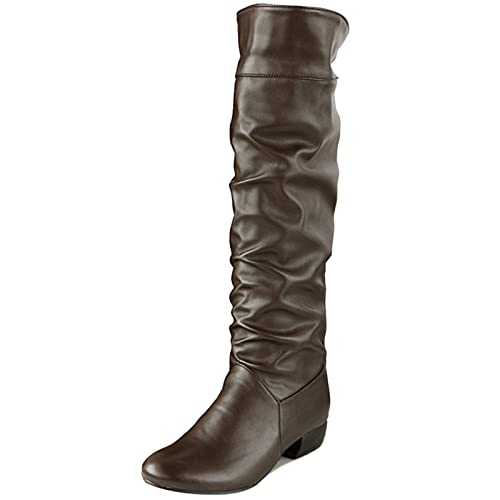 MJIASIAWA Women Mid Heels Winter Warm Knee High Slouch Snow Boots Slip On