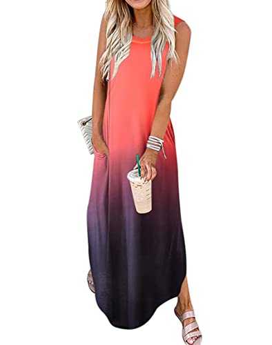 Women's Loose Sundress Long Dress Sleeveless Split Maxi Dresses Summer Beach Dress with Pockets