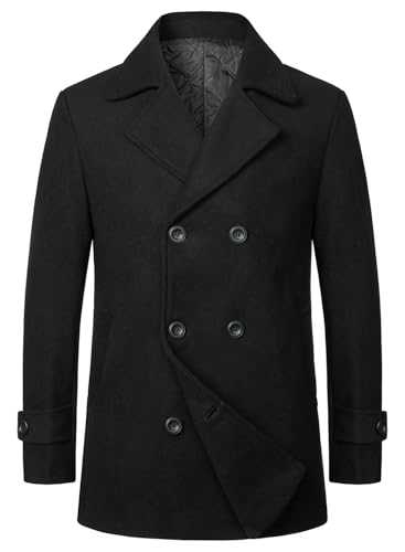 HOOD CREW Men’s Thick Trench Coat Double Breasted Overcoat Mid Length Warm Coat