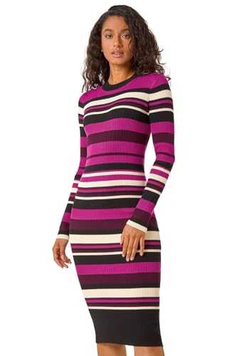 Roman Striped High Neck Knit Bodycon Midi Dress for Women UK - Ladies Autumn Everyday Winter Holiday Long Sleeve Soft Woven Fabric Comfy Office Frock Desk Gowns