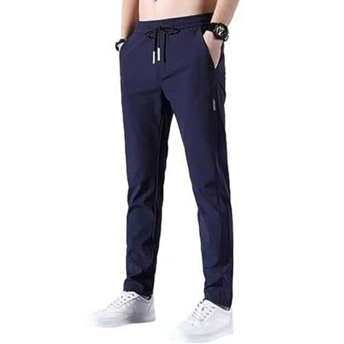 Ice Silk Trousers Men, Slim Fit Polyester Sweatpants with Drawstring Solid Color Casual Work Trousers Stretchy Summer Breathable Tracksuit Bottom Loose Fit Elastic Waist Pants