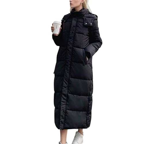 Petalum Women Long Puffer Jacket Winter Warm Thicken Quilted Overcoat with Hood Ankle Length Padded Full Zip Side Split Hoodie Down Coats Maxi Length