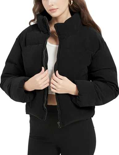 Flygo Womens Cropped Corduroy Puffer Jacket Winter Jackets Warm Long Sleeve Zip Quilted Down Puffer Coat