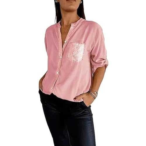 Cotton V-Neck Sequin Mid-Sleeve Casual Top,Glitter Sequin Tee Shirt Top,Women Button Up Plus Size Pocket Short Sleeve,Shiny Shirts for Women V Neck Casual Tee Shirt Top