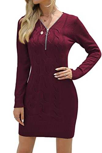 Vthereal Women's Jumper Dress Long Sleeve Mini Sweater Dress Knitted Dress Half-Zip V Neck Knitwear Pullover for Winter Casual