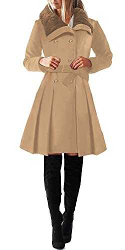 SAUKOLE Women's Winter Wool Trench Coat Wrap Large Collar High Low Jacket Outwear with Belt