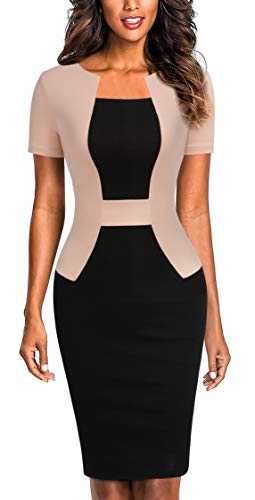 Mmondschein Women's Vintage Retro Bodycon Patchwork Ladies Casual Work Pencil Dress Light Brown M
