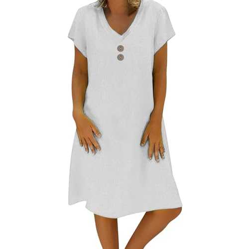 Women's Summer Linen Dresses Casual Boho Midi Dress Short Sleeve Beach Tunic Dresses Lightweight Holiday Vacation Outfits Solid Elegant A Line Swing Beach Wear Clothes