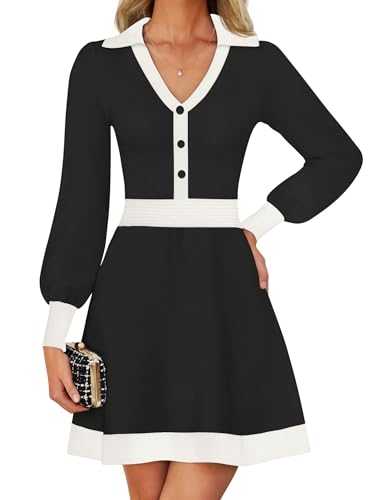 ZESICA Women's 2024 Fall Long Sleeve V Neck Sweater Dress Collar Ribbed Knit Mini Dresses