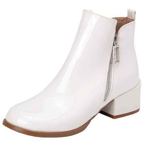 Women Casual Ankle Boots with Round Toe, Chunky Heels and Side Zipper