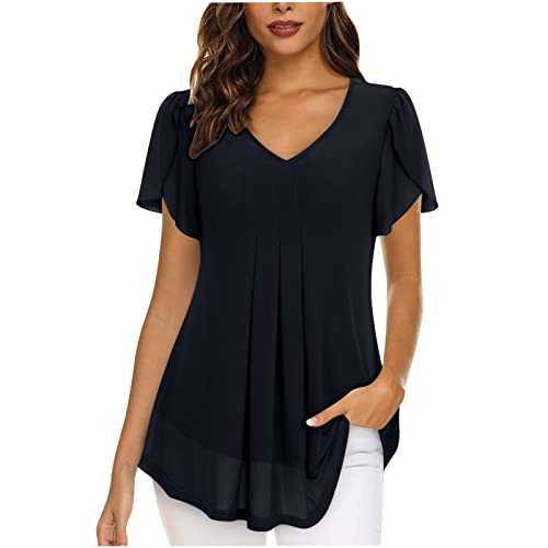 Tee Shirts for Women Elegant Short Sleeve V Neck T-Shirt Blouse Girls Solid Color Jumper Formal Work Office Business Blouse Ruffle Night Out Shirts for Leggings