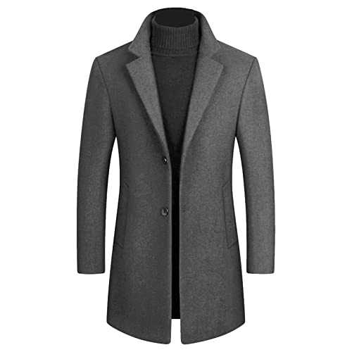 Maiyifu-GJ Men's Mid-Length Trench Coat Notch Lapel 2 Buttons Business Overcoat Single Breasted Wool Blend Top Pea Coats