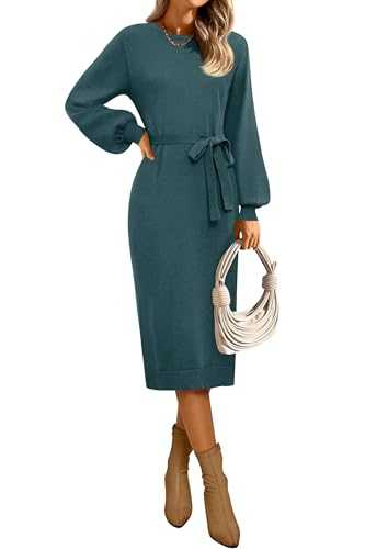 MIROL Women's 2024 Fall Sweater Dress Crew Neck Long Puff Sleeve Tie Waist Knit Midi Dress with Belt