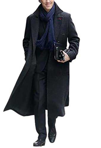 Aksah Fashion Men's Sherlock Holmes Benedict Cumberbatch Black Wool & Cotton Trench Coat Costume