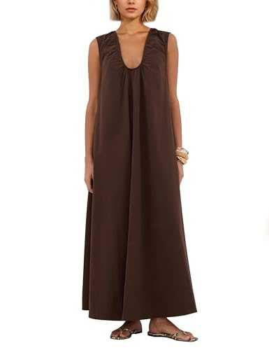 ICOBID Womens Sleeveless Scoop Neck Long Dress Wide Shoulder Ruched Relaxed Summer Beach Vacation Maxi Sundress