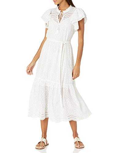 BCBGMAXAZRIA Women's V-Neck Ruffle Sleeve Dress Casual, White, Large