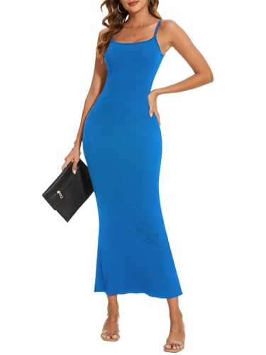 SHAPERIN Women Sleeveless Maxi Dress Crew Neck Spaghetti Strap Bodycon Long Dress Lounge Slip Dress