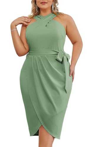 Hanna Nikole Plus Size Dresses for Curvy Women HalterNeck Sleeveless Wrap Front Ruched Bodycon Dress Party Dress