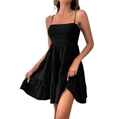 Poamen Women Summer Dress Solid Color Spaghetti Strap A-line Dress Strappy Shirred Ball Tiered Dress Elegant Mini Beach Dress Elastic High Waist Swing Dress Sleeveless Tank Dress