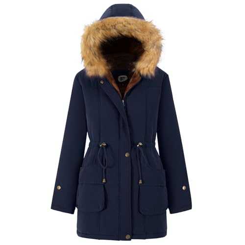 FARVALUE Women's Winter Coat Hooded Warm Puffer Quilted Thicken Parka Jacket with Fur Trim Coat, Navy, XXXL