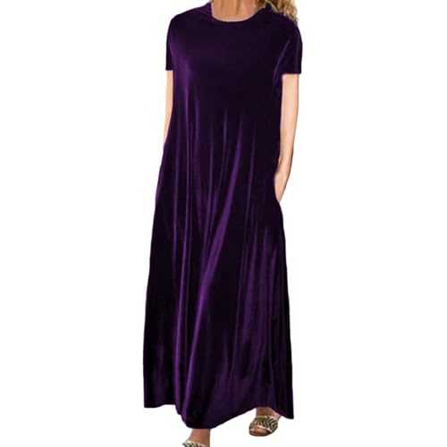 Tunic Dresses for Women UK, Gold Velvet Round Neck Long Dress for Slim and Elegant Women Summer Wrap Dress Loose Sundress Swing Midi Dress Shift Dresses for Women UK