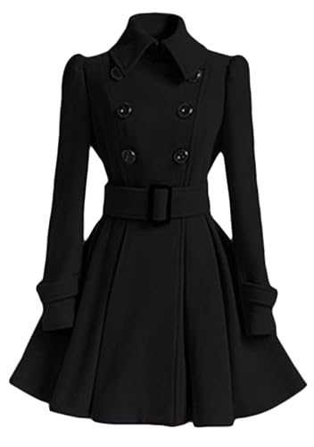 YMING Women's Winter Long Sleeve Outwear Tunic Swing Peacoat Elegant Double Breasted Long Coat Winter Casual Belted Wool Blend Jacket Grey BLK XS