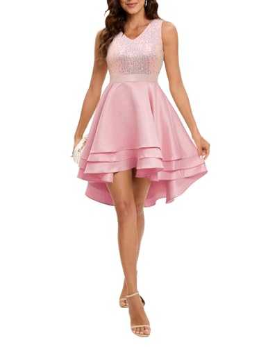 Meetjen Women's Satin Homecoming Dresses for Teen Formal Short Sequin Cocktail Dress High Low V Neck A-line Prom Dress