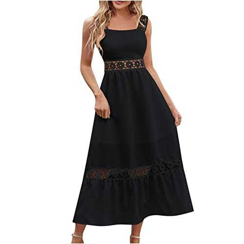 Women's Vintage 50s Sleeveless Floral Embroidered Cocktail Swing Dress Summer Bohemian Strapless Lace Trim Flowy Beach Long Maxi Beach Sundress Dress Evening Dresses for Women UK Clearance