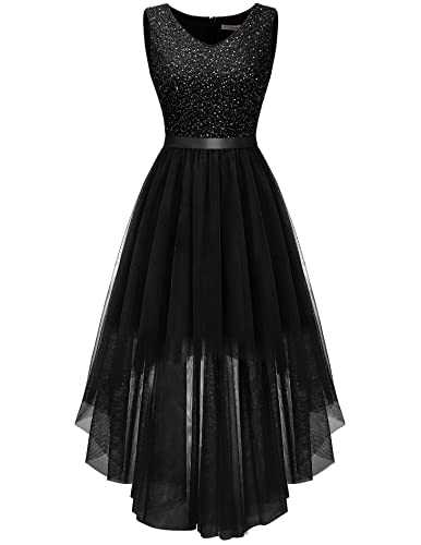 Berylove Evening Prom Dress Sequin V-Neck Sleeveless Hi-Lo Cocktail Wedding Guest Dress Glitter Tulle