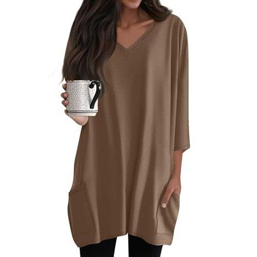Long Tops for Women Loose Summer Ladies 3/4 Sleeve Shirts with Pockets Extra Long V Neck Trendy Tshirt