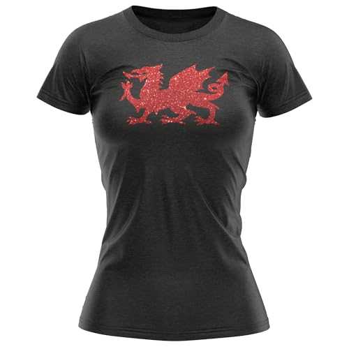 Womens Welsh Dragon T Shirt Ladies Red Glitter Y Ddraig Goch Tee Saint David's Day Cymru Wales Top