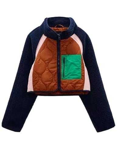 TIQOJE Womens Fuzzy Fleece Jacket Cropped Zip Up Long Sleeve Casual Outwear Warm Winter Patchwork Jackets