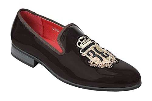 Xposed Men’s Loafers Patent Shiny Faux Leather Embroidery Crest Slip on Smart Wedding Shoes