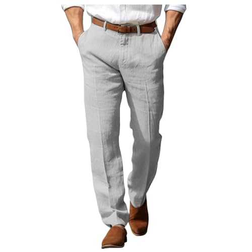 Generisch Men's White Cotton/Linen Baggy Jogger Pants with Pockets, Size Large, Wide Leg, Mid Rise, Elastic Waist, Drawstring Hem, Multi-Sport, Ankle Length