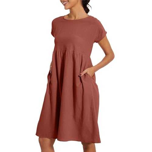 Women's Dress UK 2024 Crew Neck Cotton Button Short Sleeve Beach Dress with Pockets Casual Comfortable Clothes