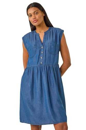 Roman Originals Denim Button Detail Gathered Dress for Women UK - Ladies Everyday Holiday Spring Summer Notch Neckline Comfy Soft Evening Vacation Work Party