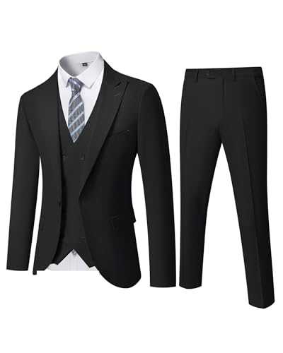 YND Men's 3 Piece Slim Fit Suit Set, One Button Peak Lapel Solid Business Blazer Jacket, Double Breasted Vest Pants and Tie